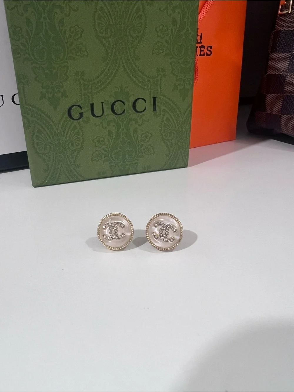 CHANEL Gold-Tone Pearl Button Earrings with Crystal CC